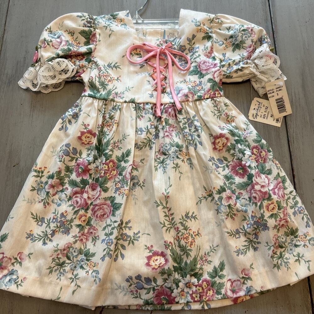 NWT Spiegel Floral Milkmaid Toddler Dress Sz 3T Lace Cottage Victorian Vtg 90s